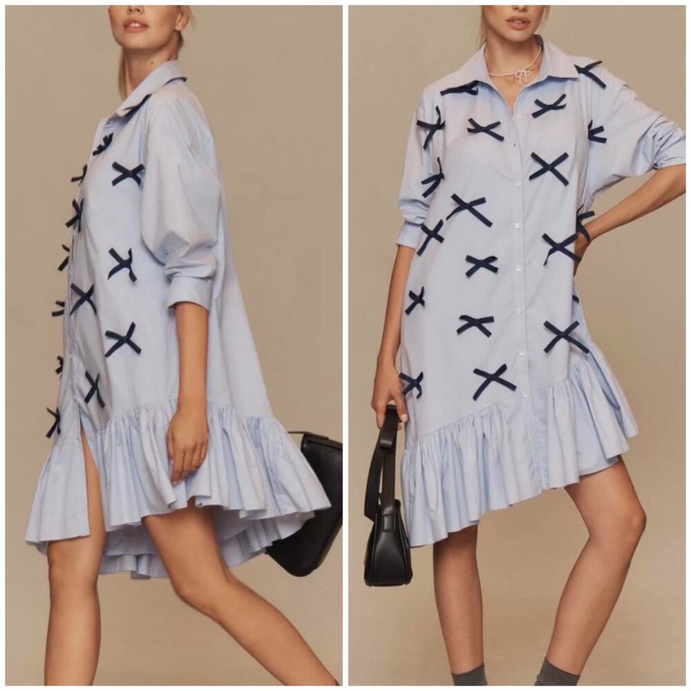 Anthropologie Maeve Long-Sleeve 3D Bows Asymmetrical Mini Shirt Dress Size S